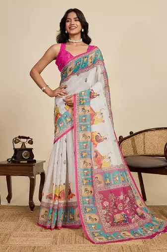 Dark pink digital print with jari border linan saree with blouse
