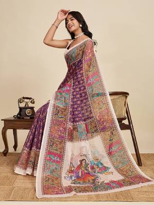 Wine digital print with jari border linan saree with blouse 1