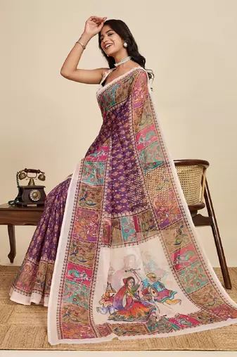 Wine digital print with jari border linan saree with blouse