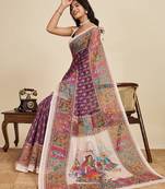 Wine digital print with jari border linan saree with blouse