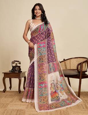 Wine digital print with jari border linan saree with blouse 2