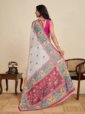 Dark pink digital print with jari border linan saree with blouse 4