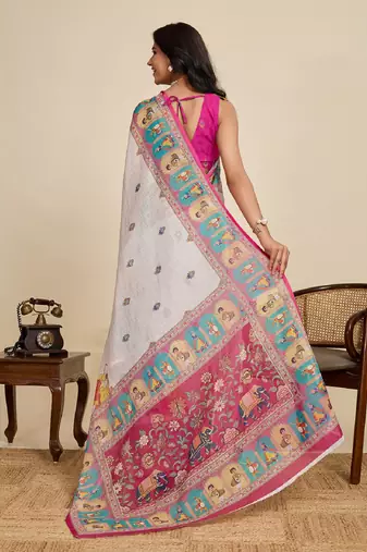 Dark pink digital print with jari border linan saree with blouse