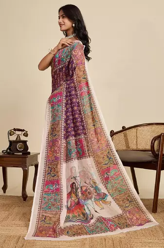 Wine digital print with jari border linan saree with blouse