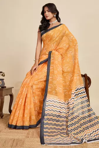 Mustard digital print with jari border linan saree with blouse
