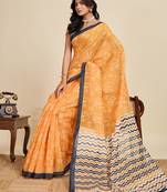 Mustard digital print with jari border linan saree with blouse