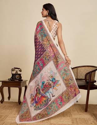 Wine digital print with jari border linan saree with blouse 4
