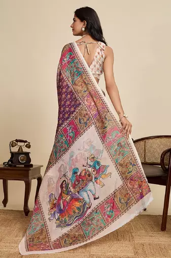 Wine digital print with jari border linan saree with blouse
