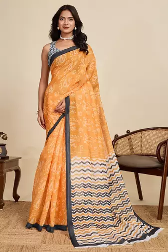 Mustard digital print with jari border linan saree with blouse