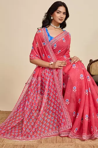 Red digital print with jari border linan saree with blouse