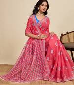 Red digital print with jari border linan saree with blouse