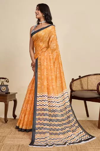 Mustard digital print with jari border linan saree with blouse