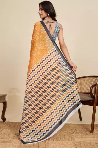 Mustard digital print with jari border linan saree with blouse