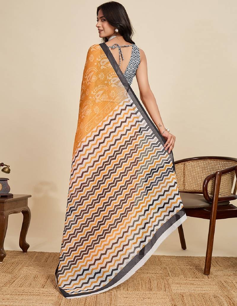 Mustard digital print with jari border linan saree with blouse