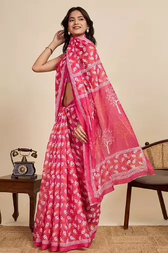 Rani pink digital print with jari border linan saree with blouse