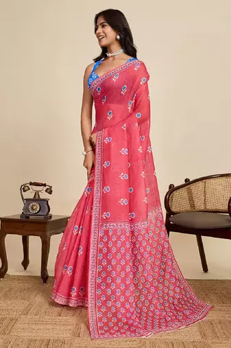 Red digital print with jari border linan saree with blouse