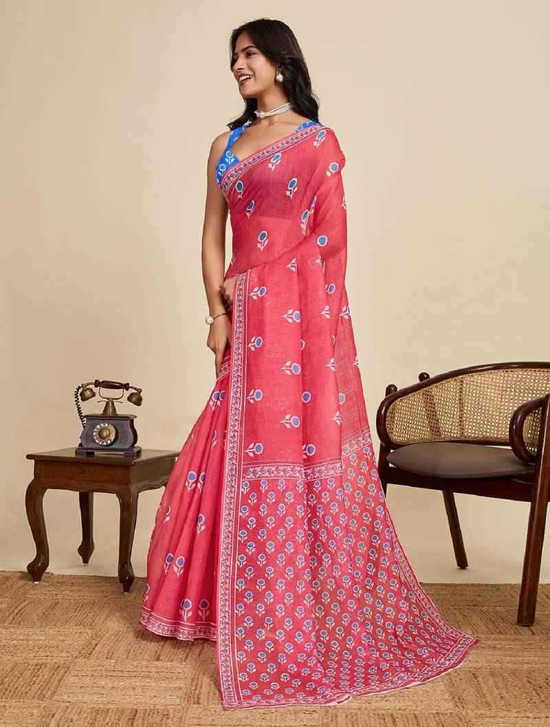 Red digital print with jari border linan saree with blouse