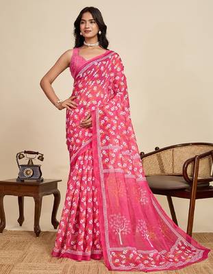 Rani pink digital print with jari border linan saree with blouse 2