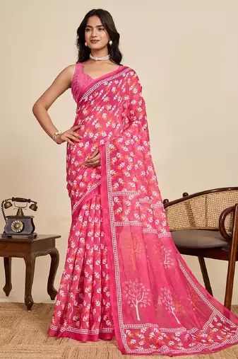 Rani pink digital print with jari border linan saree with blouse