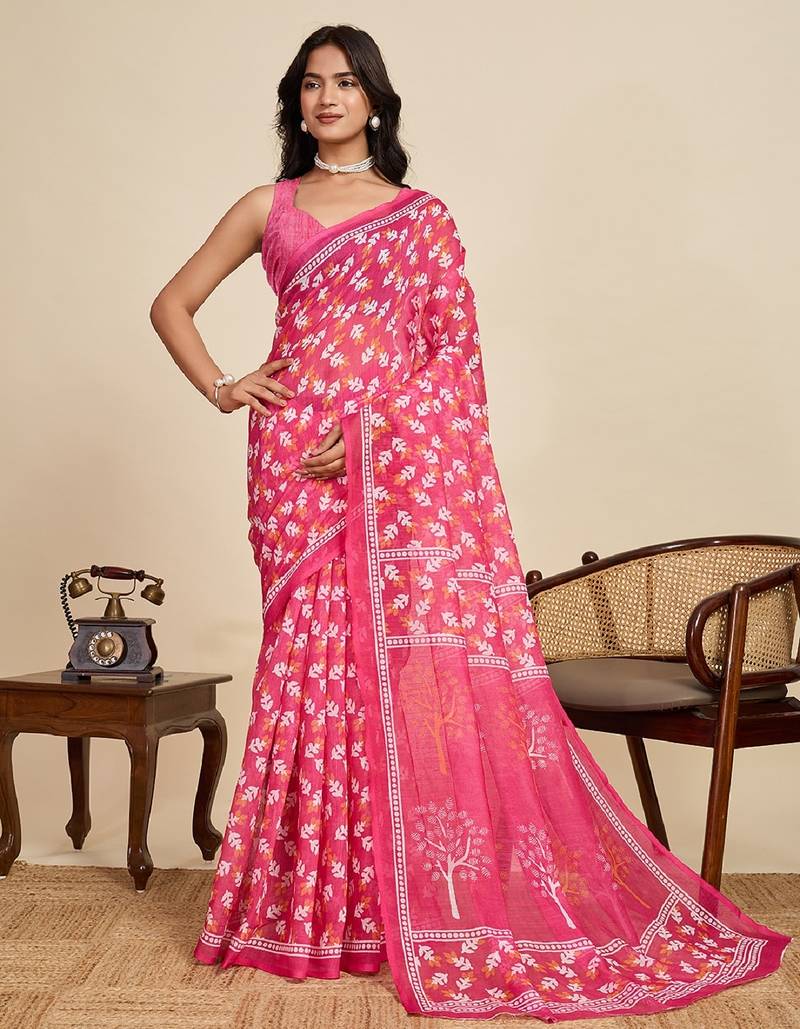 Rani pink digital print with jari border linan saree with blouse