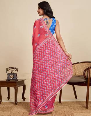 Red digital print with jari border linan saree with blouse 4
