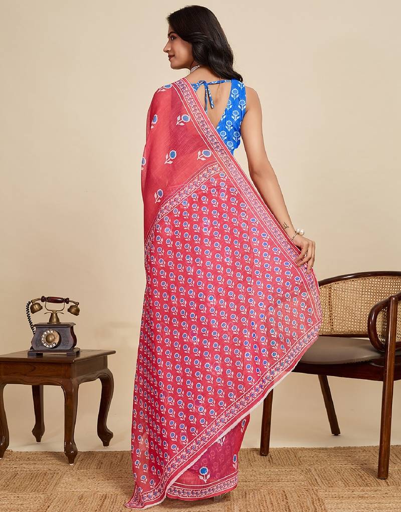 Red digital print with jari border linan saree with blouse
