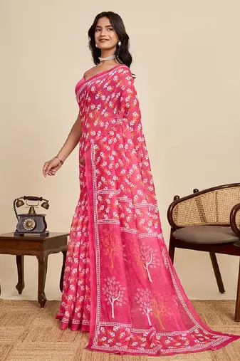 Rani pink digital print with jari border linan saree with blouse