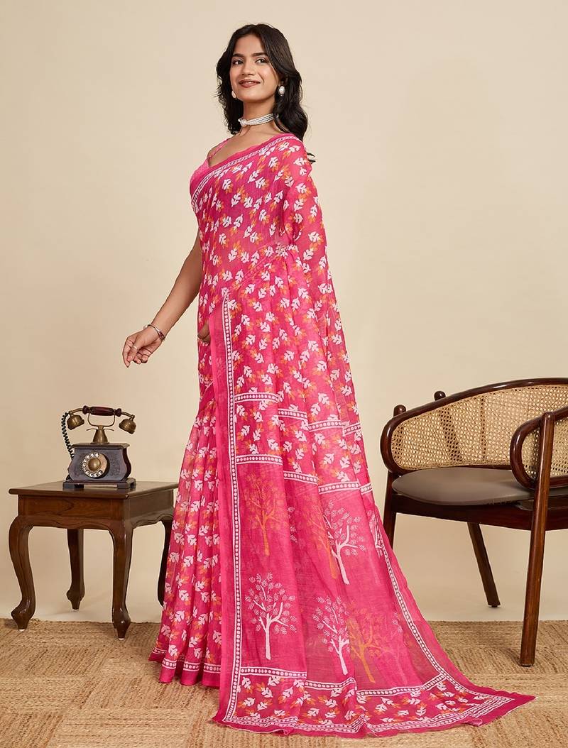 Rani pink digital print with jari border linan saree with blouse