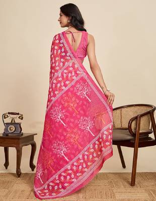 Rani pink digital print with jari border linan saree with blouse 4