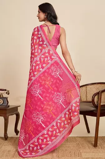 Rani pink digital print with jari border linan saree with blouse