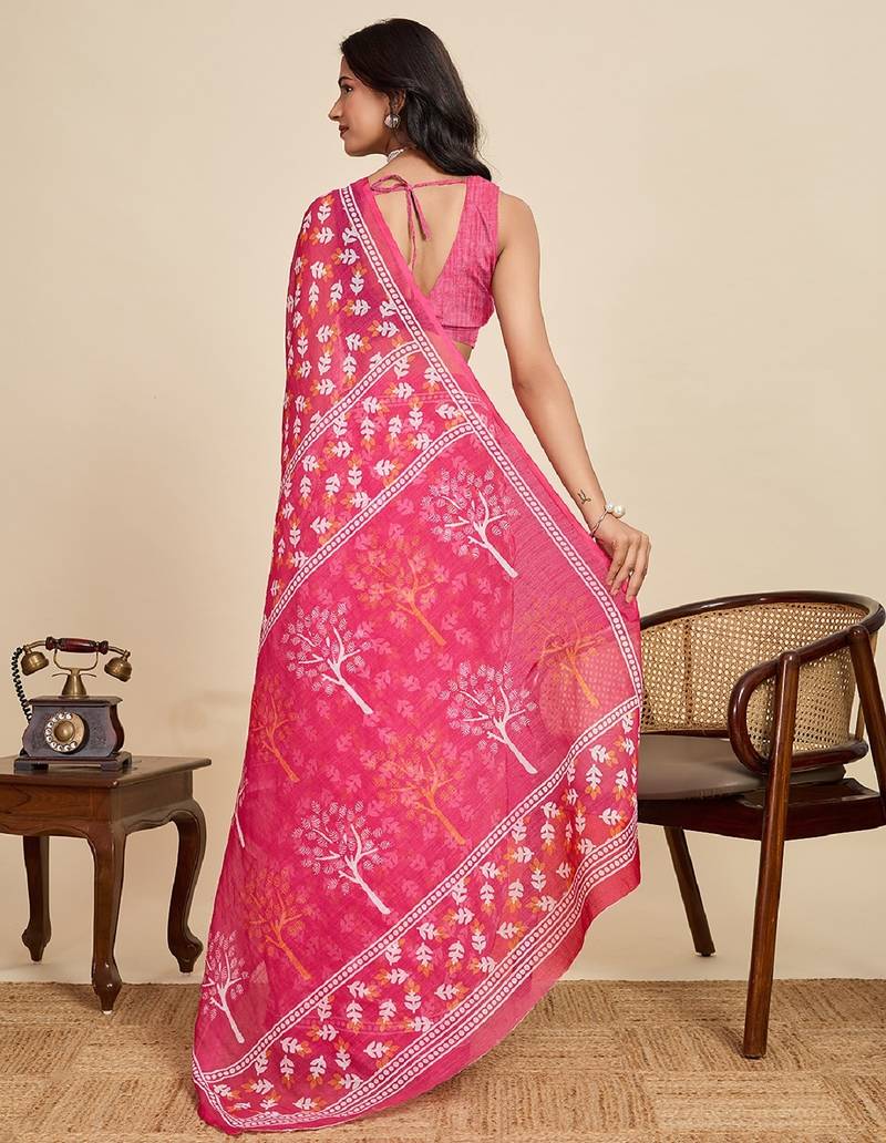 Rani pink digital print with jari border linan saree with blouse