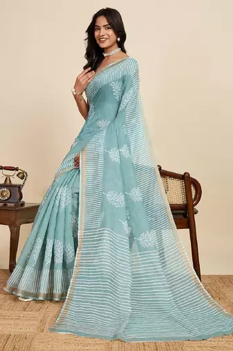 Grey digital print with jari border linan saree with blouse