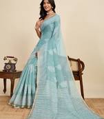 Grey digital print with jari border linan saree with blouse