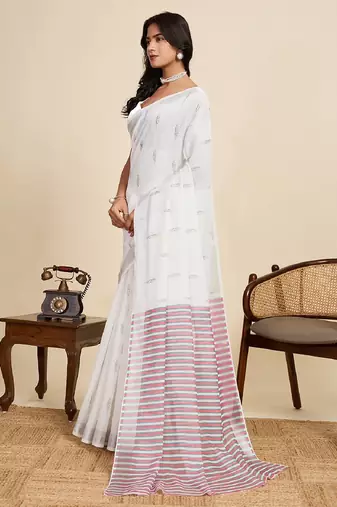 Lavender digital print with jari border linan saree with blouse