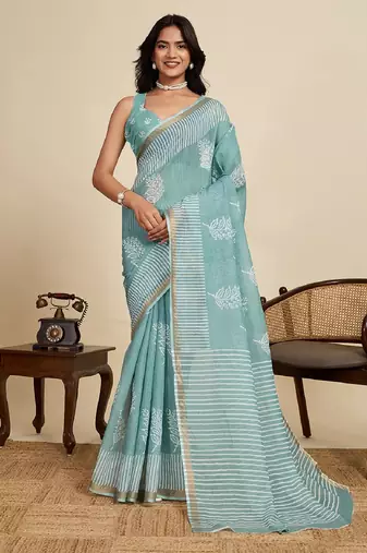 Grey digital print with jari border linan saree with blouse