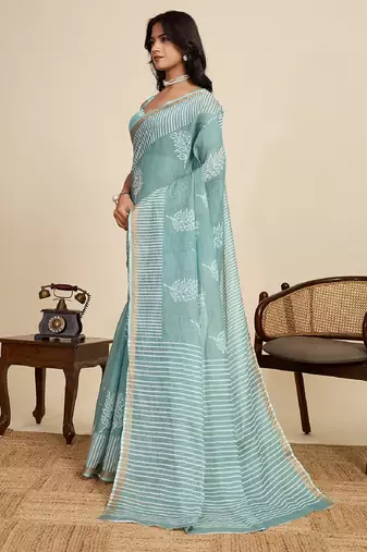 Grey digital print with jari border linan saree with blouse