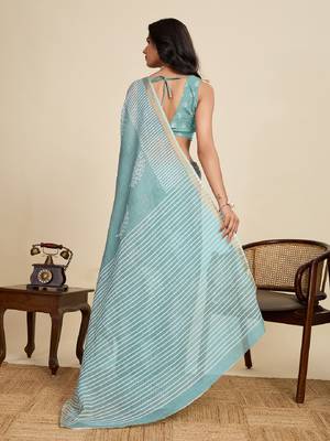 Grey digital print with jari border linan saree with blouse 4