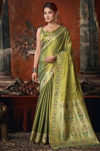 Olive tissue silk saree with paithani pallu festive wear saree