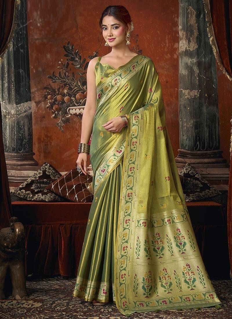 Olive tissue silk saree with paithani pallu festive wear saree