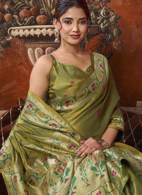 Olive tissue silk saree with paithani pallu festive wear saree 2
