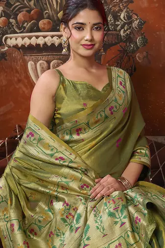 Olive tissue silk saree with paithani pallu festive wear saree