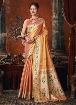 Coral tissue silk saree with paithani pallu festive wear saree 1