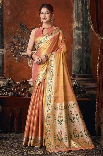 Coral tissue silk saree with paithani pallu festive wear saree