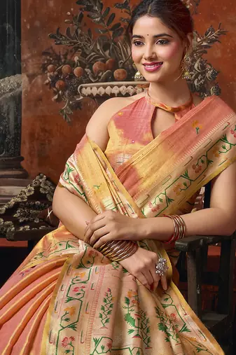 Coral tissue silk saree with paithani pallu festive wear saree