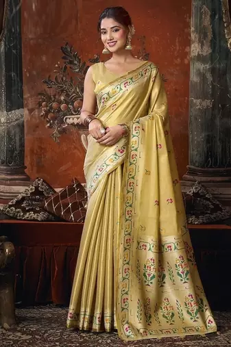 Beige tissue silk saree with paithani pallu festive wear saree