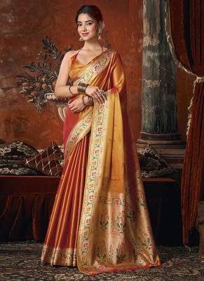 Orange tissue silk saree with paithani pallu festive wear saree 1