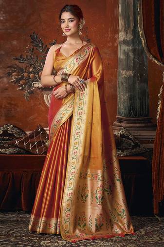 Orange tissue silk saree with paithani pallu festive wear saree