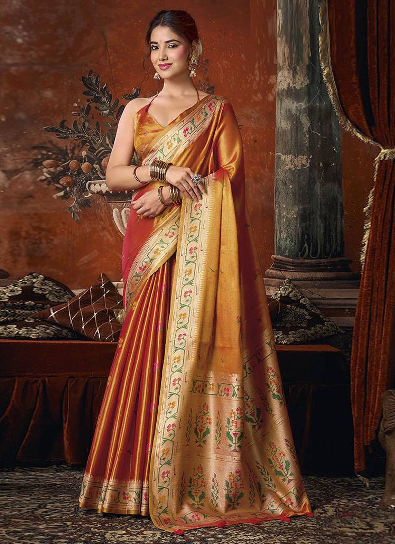 Orange tissue silk saree with paithani pallu festive wear saree