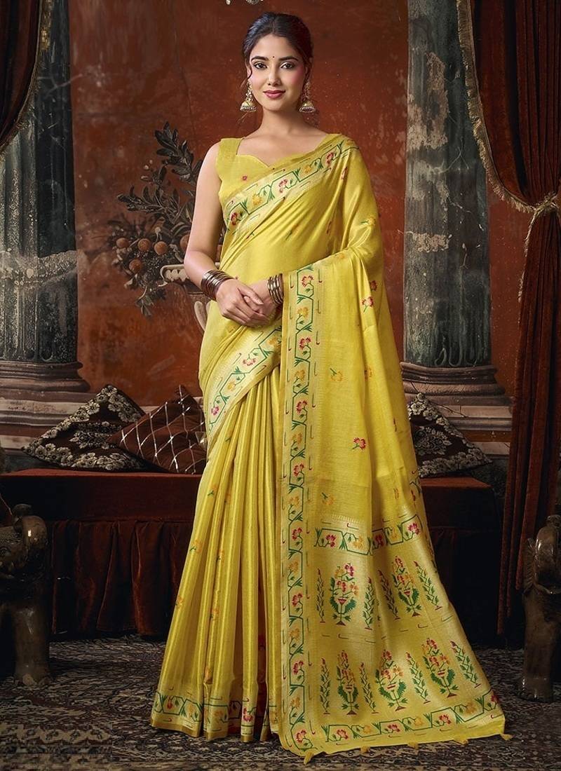 Yellow tissue silk saree with paithani pallu festive wear saree