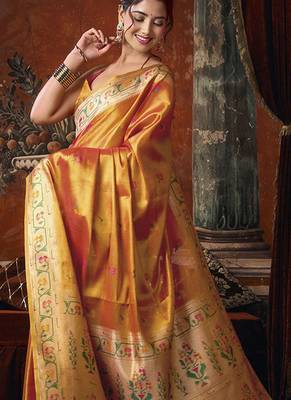 Orange tissue silk saree with paithani pallu festive wear saree 2